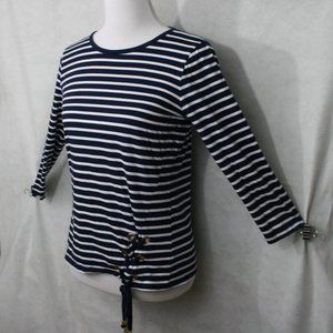 Michael Kors Blue & White Stripe Cotton Blend Blouse w/ Lace Grommets Size M EUC